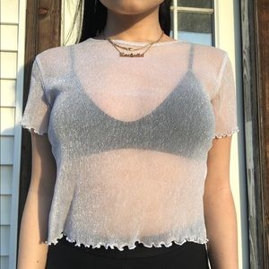 Brandy Melville White Mesh Glitter Top